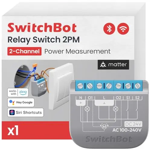 SwitchBot WLAN Schalter 2PM mit Alexa, Apple Home, Google Home, 16A, Leistungsmessung, Bluetooth Repeater und Trockenkontakt
