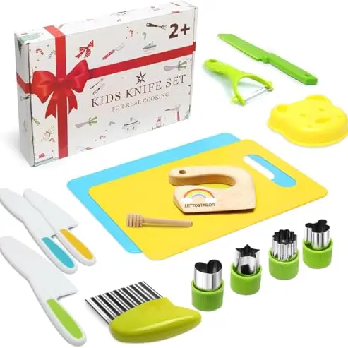16-teiliges Kindermesser Set für die Küche mit Ausstechformen und Holzbrett - Montessori Spielzeug für Kinder ab 2 Jahren