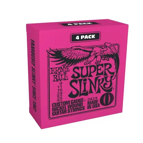 Ernie Ball Super Slinky E-Gitarrensaiten, 4er-Pack, Stärke 9-42