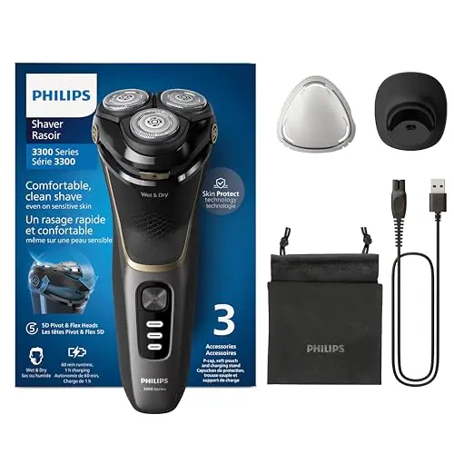 PHILIPS Shaver Series 3000 – Elektrischer Rasierer für Männer, Schwarz, mit Bartschneider und Ladestation