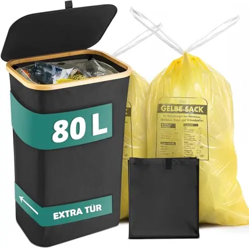 Gelber Sack Ständer 80L schwarz mit Innentasche und Tür für einfache Entnahme - Ideal für Küche und Haushalt