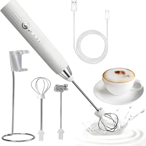 Elektrischer Milchaufschäumer USB-wiederaufladbar mit 3 Einstellungen und 2 Schneebesen für Latte, Kaffee und Cappuccino