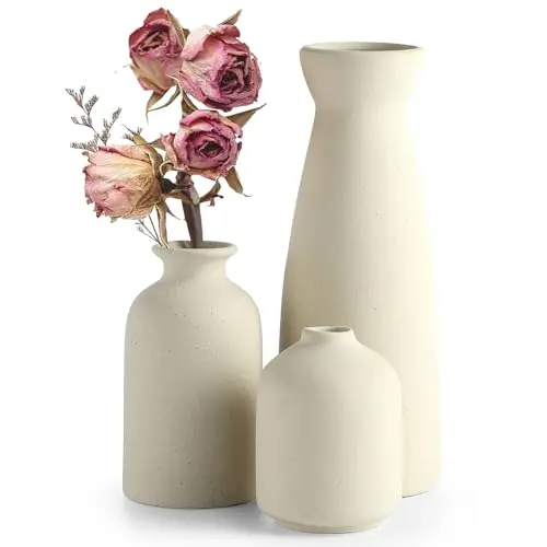 Vasen Set aus Keramik für Pampasgras und Trockenblumen, 3 Stück, Beige, Boho Deko für Wohnzimmer & Schlafzimmer