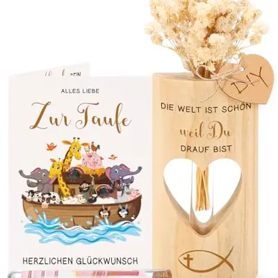 Taufgeschenk für Mädchen & Jungen – Geldgeschenk mit Reagenzgläsern, Holzständer, Trockenblumen & Taufkarte