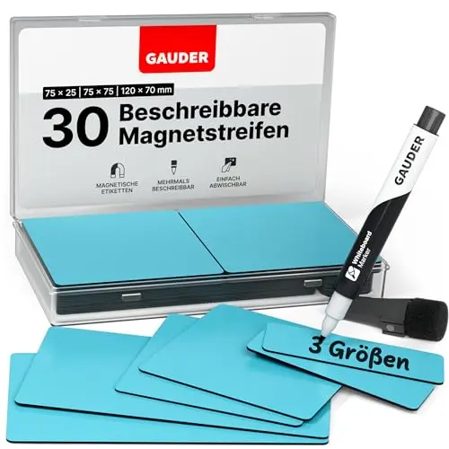 GAUDER Magnetetiketten - Wiederverwendbare Magnetschilder für Whiteboard, Tafel und Kühlschrank (30 Stück, 3 Größen)
