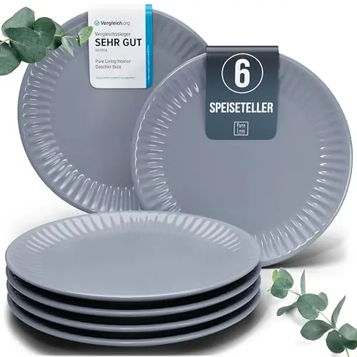 PURE LIVING INTERIOR DESIGN 6x große Steingut Teller - Hygge Serie in Graublau - Geschirrset für 6 Personen