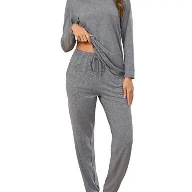 Bresdk Damen Schlafanzug Winter Pyjama Set V-Ausschnitt Grau L