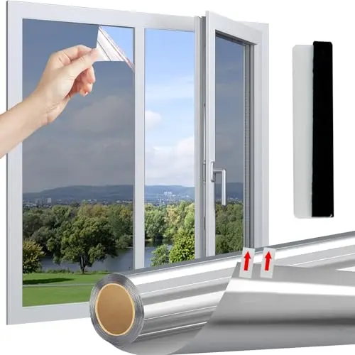 Linarun Selbstklebende Spiegelfolie für Fenster - Blickdicht & Sonnenschutz - Silber 40x200cm