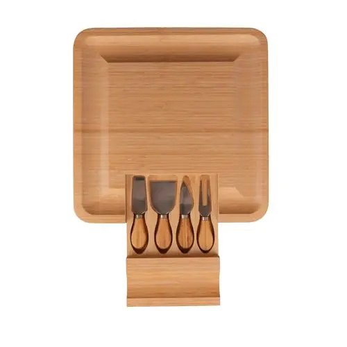 TARUNMO Servierbrett aus Holz, 34 cm – Bambus Käseplatte mit Messer Set, ideales Geschenk für Paare
