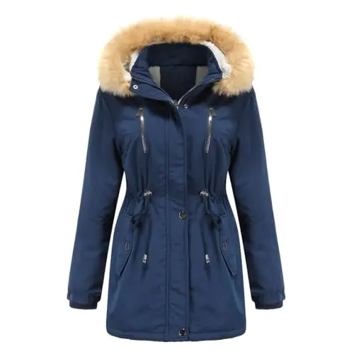 YFFUSHI Damen Wintermantel Warm mit Fellkapuze Oversized, Blau, L