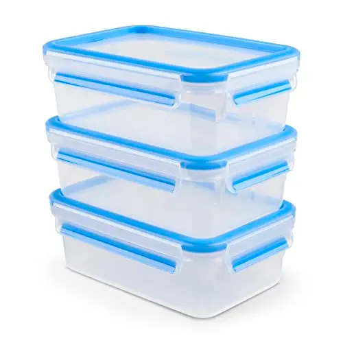 EMSA Clip & Close Frischhaltedosen-Set, 3x1L, luftdicht, spülmaschinen-, gefrier- und mikrowellenfest, transparent, blau