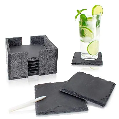 Amazy Schiefer Untersetzer Set (8 Stück) – Dekorative Glasuntersetzer mit Halter aus Filz – Tolle Geschenkidee (eckig | 10x10 cm)
