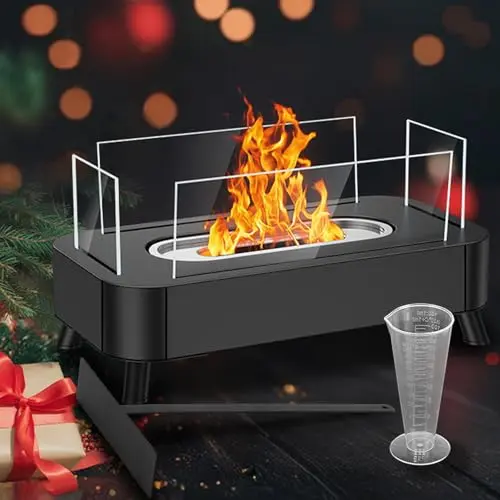 Tischkamin Ethanol für Indoor, Sentasi Upgrade mit 4-Seitigem Glas, Gemütliche Feuerstelle (Schwarz)