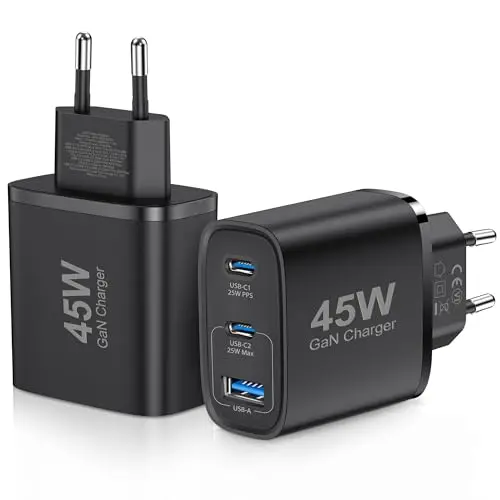 2er-Pack 45W USB C Ladegerät für iPhone & Samsung Galaxy (3 Port, Schwarz)