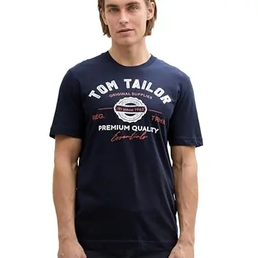 TOM TAILOR Herren T-Shirt mit Logo-Print, Baumwolle, sky captain blue, XXL