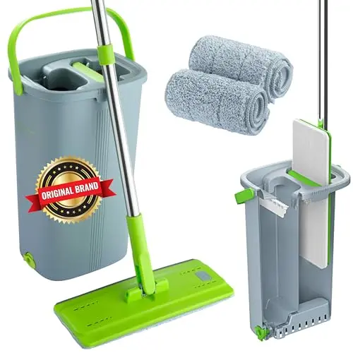 EasyGleam Mop und Eimer Set - Flachbodenmopp mit Teleskopstange und 2 Mikrofaserpads für alle Bodenarten