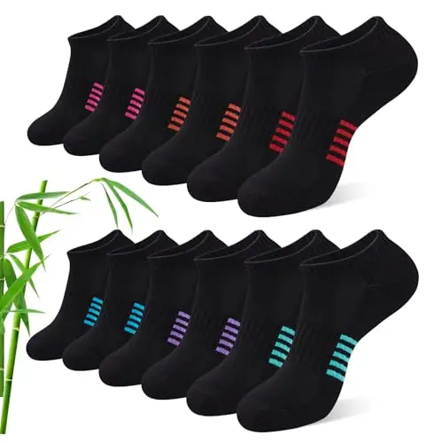 Effeet Bambus Sneaker Socken Damen 6/12 Paar, Atmungsaktive gepolsterte Laufsocken, Anti-Schweiß, Kurz, Bunt, Schwarz, Größen 35-42