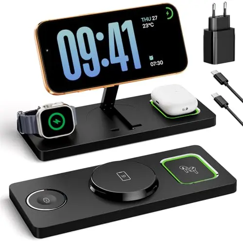 Eddibox 3-in-1 MagSafe Ladestation für iPhone, Apple Watch & AirPods, faltbar, inklusive 20W Adapter – Schwarz
