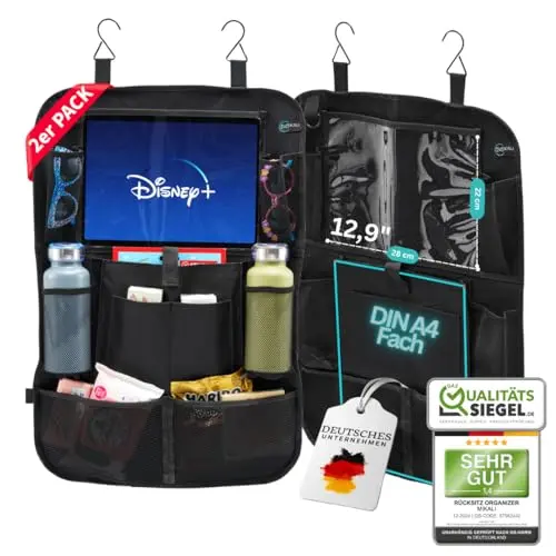 2er Set Auto Organizer für Kinder mit großem Fach für Spielzeug & Tablet, schwarz