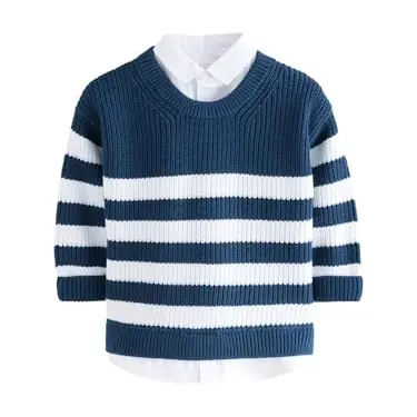 NEXT Jungen Pullover aus 100% Baumwolle im Lagenlook mit Hemdeinsatz, Marineblau gestreift, 92-98