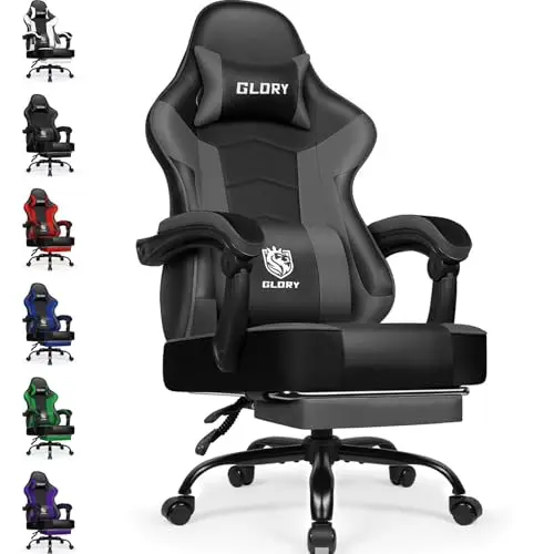 minnouat Ergonomischer Gaming Stuhl mit Fußstütze und Kopfstütze, bis 150 kg, höhenverstellbar, Grau