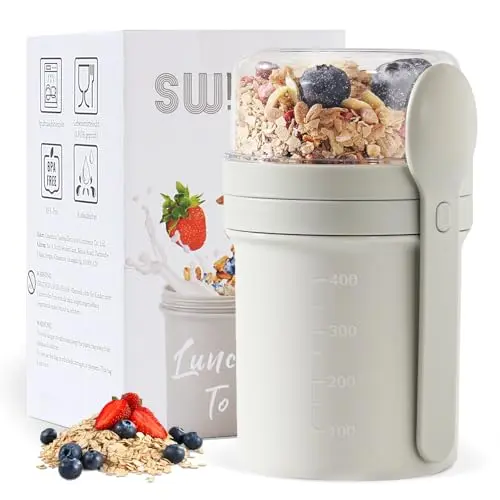 Swkien Müslibecher to Go 450ml + 250ml, Auslaufsicherer Müsli & Joghurt Becher mit Löffel (Hellgrau)