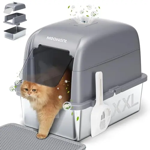 MeoWant Katzenklo Edelstahl mit Deckel, 81 L, geruchsdicht, mit Pedal, Schaufel und Matte