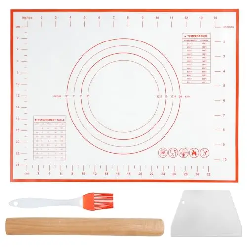 HMIEPRS 4er Set Backzubehör: Nudelholz, Backmatte, Pinsel und Teigschaber für Brot, Pizza, Gebäck und Plätzchen
