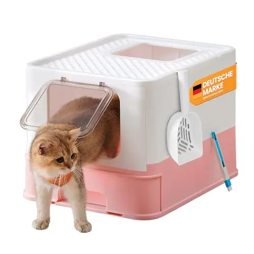 Feandrea Katzenklo mit Deckel und ausziehbarem Tablett, für Katzen bis 15 kg, weiß-pastellrosa
