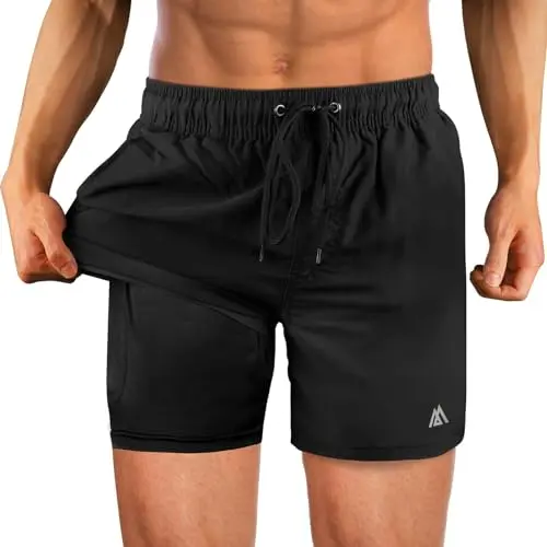 Flintronic Herren Badehose 2-in-1 mit Kompression-Liner, elastisch, verstellbar mit Tunnelzug
