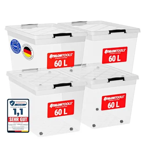 ATHLON TOOLS 4x 60L Aufbewahrungsboxen mit Deckel - transparente, stapelbare Boxen