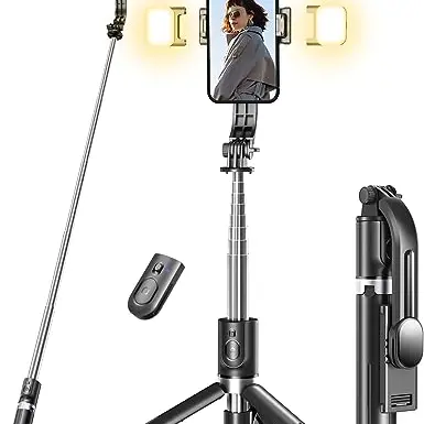 Selfie Stick Stativ mit 2 Fülllichtern und abnehmbarer Fernbedienung, 114 cm für iPhone und Android Smartphones
