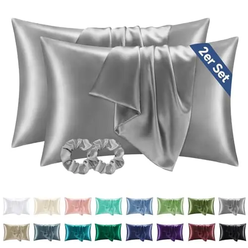 BEDELITE Satin Kissenbezug 40x60 Grau - 2er Set weich und angenehm für Haar und Haut