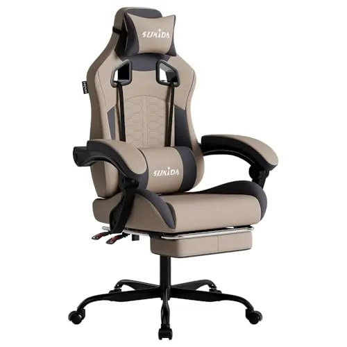 SUKIDA Ergonomischer Gaming-Stuhl mit Fußstütze und Kopfstütze, Höheneinstellbar für Homeoffice und Gaming - Beige