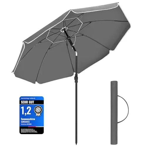 SONGMICS Sonnenschirm 160 cm, UV-Schutz, höhenverstellbar, beidseitig um 30° knickbar, inklusive Tragetasche — grau