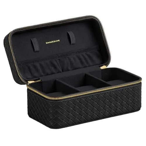 SONGMICS Uhrenbox Ronne Kollektion für 3 Uhren - Schwarz, 10 x 20 x 9 cm, Geschenkidee