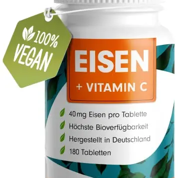 Eisentabletten 180 Stück mit 40 mg Eisen und Vitamin C - VEGAN, hochdosiert, ohne unerwünschte Zusatzstoffe