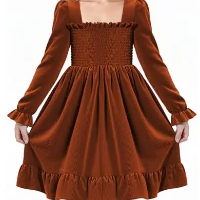 JiAmy Mädchen Samt Langarmkleid mit Rüschensaum - Festliches Kleid für 7-8 Jahre, Orange