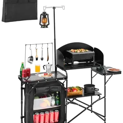 VEVOR Camping Küchentisch aus Aluminium mit Lagerschrank, Windschutz & Tragetasche, schwarz, ideal für Picknicks & Reisen