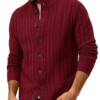 PJ PAUL JONES Herren Strickjacke Cardigan mit Zopfmuster in Rotwein, Größe M