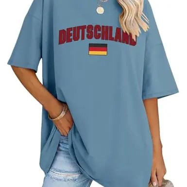 Rapbin Damen Kurzarm Bluse Oversized T-Shirt Print Rundhalsshirt Tops (Blau, XL)