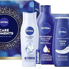 NIVEA Care Moments Geschenkset für Frauen mit Duschgel, Shampoo, Body Lotion, Labello und Kulturtasche