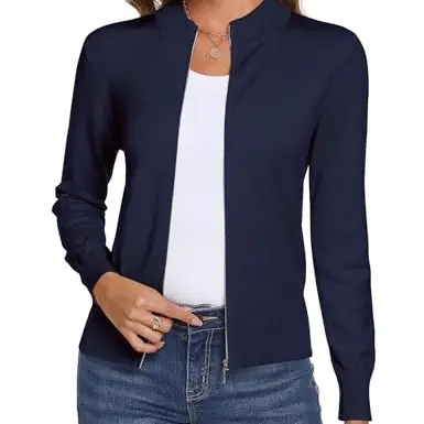 Aottori Damen Cardigan mit Stehkragen, Reißverschluss, Marine, Größe M