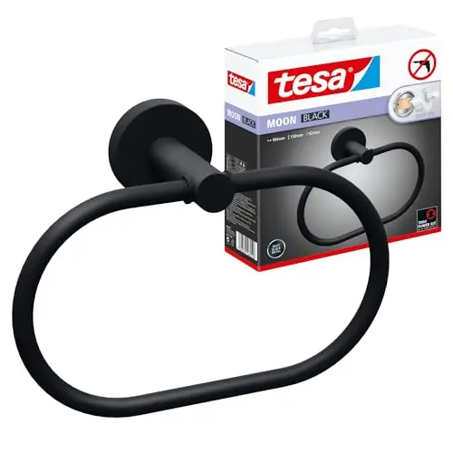 tesa Moon Black Handtuchring, matt schwarz - ovaler Handtuchhalter ohne Bohren - 53 mm x 184 mm