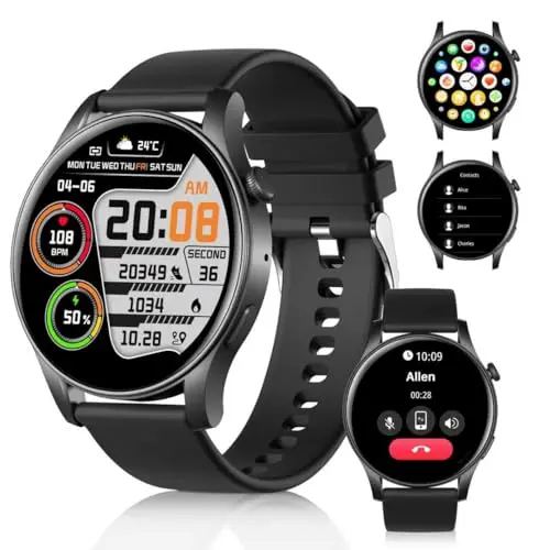 Tulbeys Smartwatch 1,43'' für Männer und Frauen, IP67, Herzfrequenz- & Schlafmonitor, 107 Sportmodi, Bluetooth-Anruf, kompatibel mit Android/iOS (Schwarz)