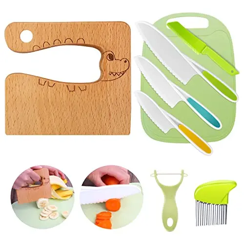 8-teiliges Kindermesser-Set für Obst und Gemüse mit Holzmesser und Schneidebrett (Krokodil)