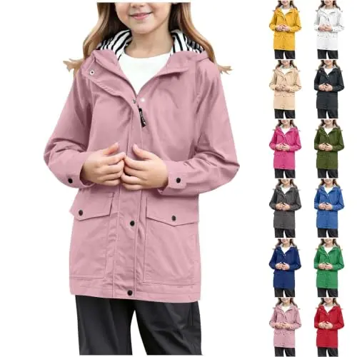 Kinder Regenjacke Mädchen Wasserdicht und atmungsaktiv, mit Kapuze, Taschen und Reißverschluss, leichte Übergangsjacke für Schule und Alltag, Rosa