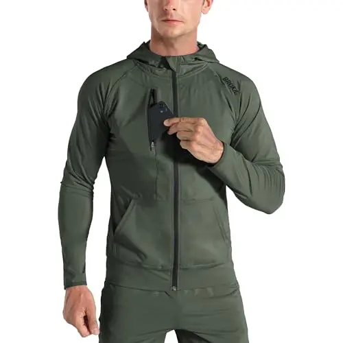 BROKIG Leichter Herren Hoodie - Schnelltrocknende Trainingsjacke mit Kapuze (Armeegrün, M)