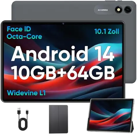 TUOHAITIME 10 Zoll Tablet – Android 14, 10GB RAM, 64GB Speicher, FHD Touchscreen, WiFi, GPS, Dual Kamera, mit Schutzhülle