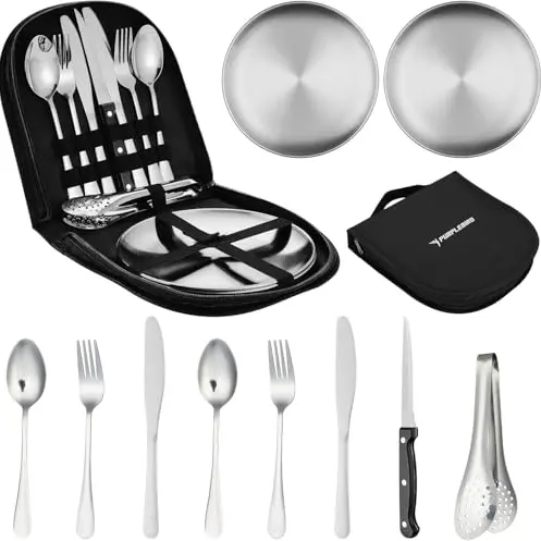 PURPLEBIRD Camping Geschirr Set für 2 Personen, 10-teiliges Edelstahl Besteck für Outdoor & Picknick